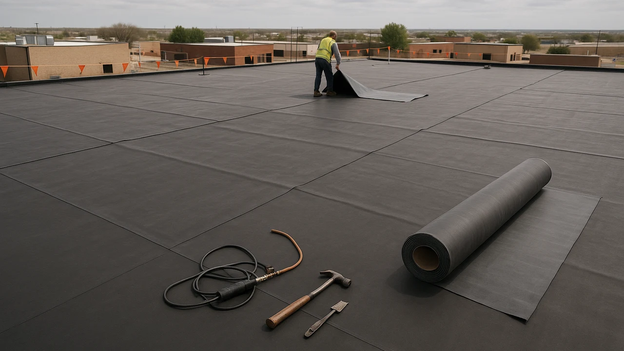 EPDM rubber membrane installation on a commercial flat roof — illustrative example of black single-ply rubber roofing — 5 Star Roofing