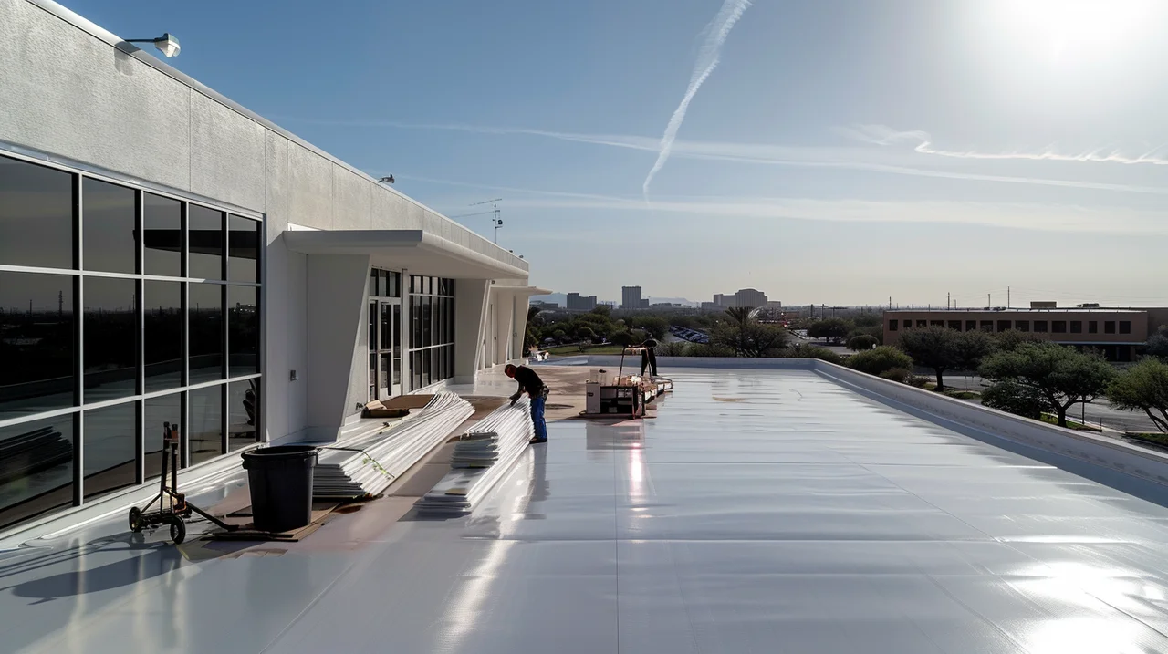 Crew installing white TPO single-ply membrane on a large commercial flat roof — 5 Star Roofing