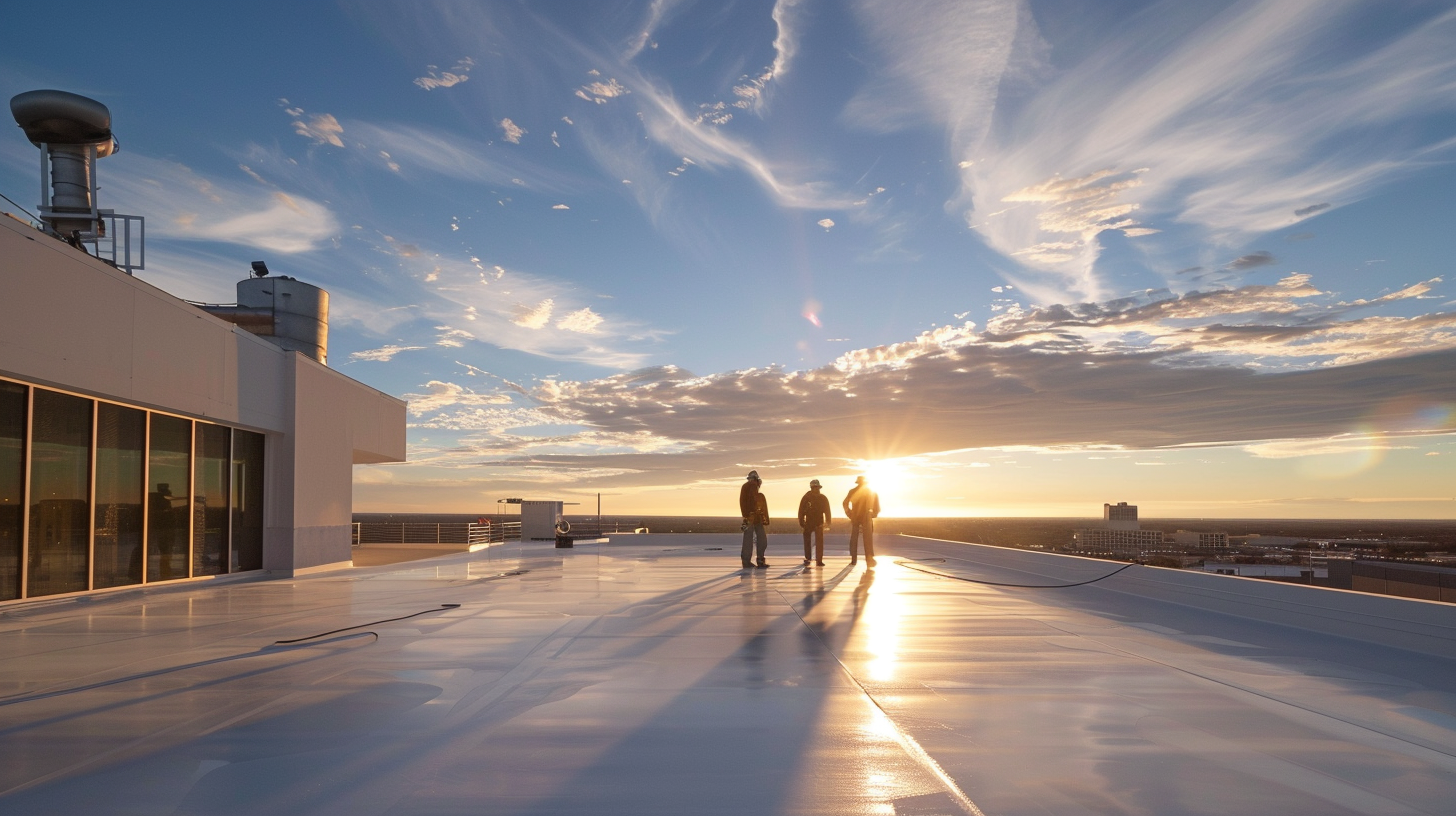 Large commercial warehouse roof installation Midland TX - Professional roofing crew installing TPO membrane system - Texas Panhandle roofing contractor