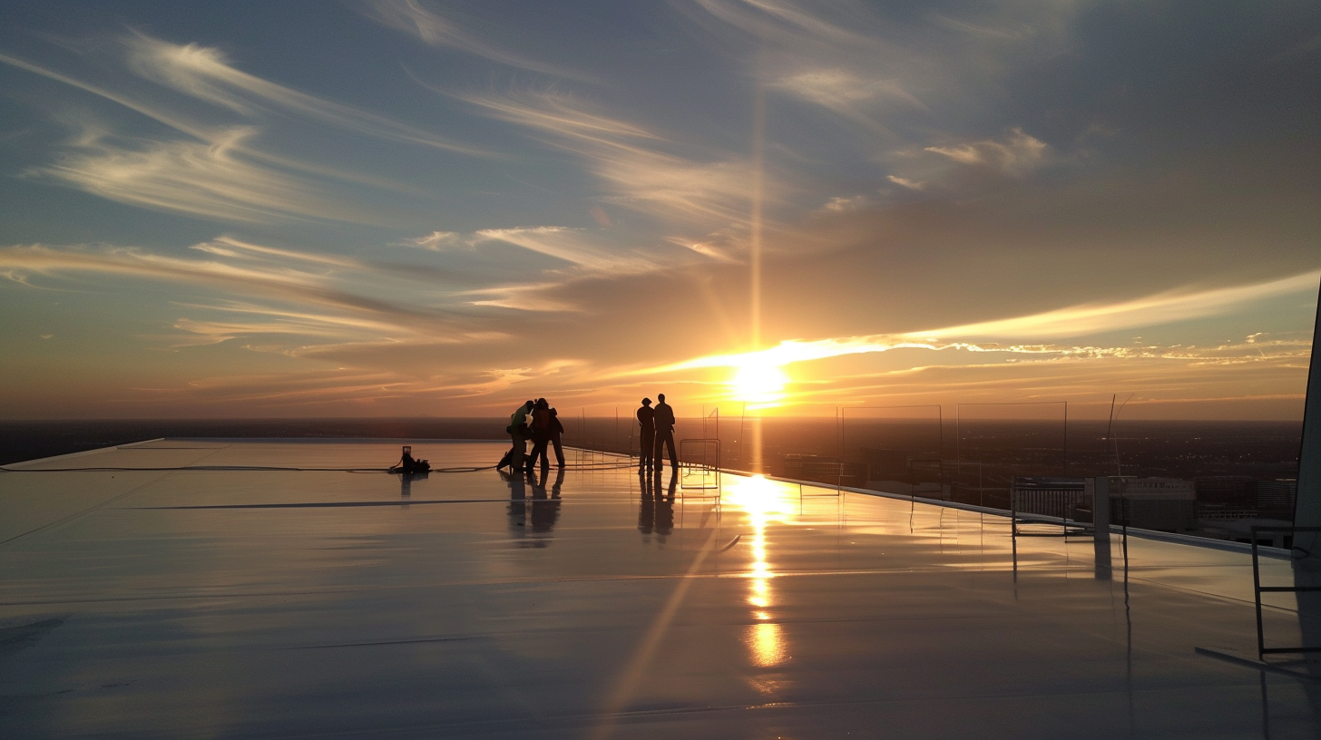 Professional commercial roofing crew installing flat roof system West Texas - Expert TPO and PVC membrane installation Amarillo Midland Odessa