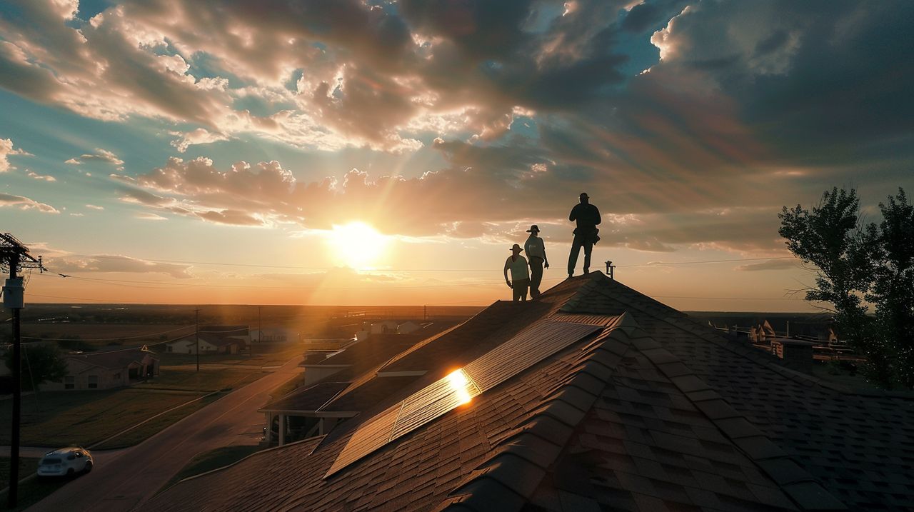 Residential roofing services Amarillo Texas - Professional crew installing architectural shingles at sunset - 5 Star Commercial Roofing