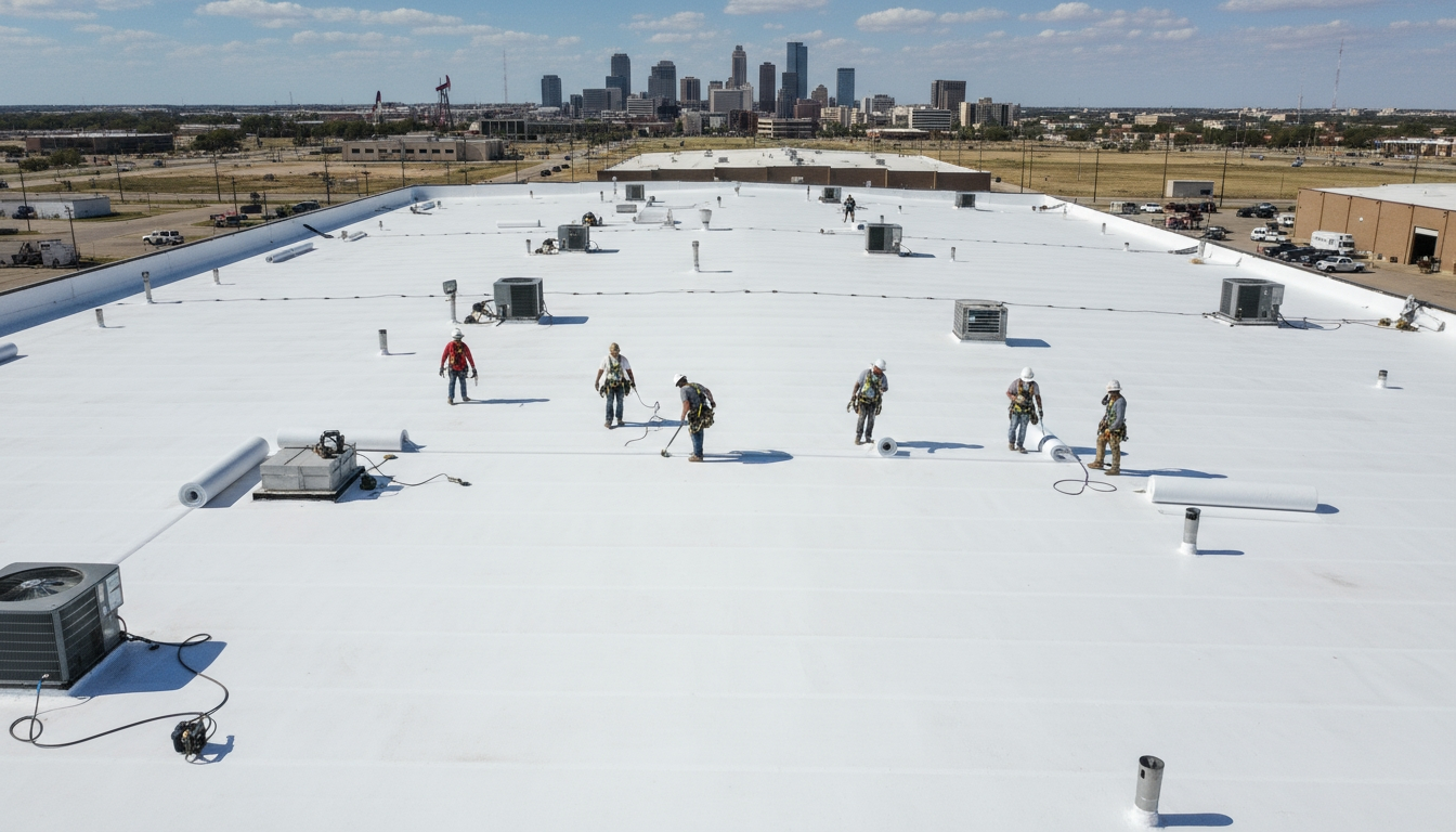 Professional commercial roof installation in Amarillo TX meeting building code requirements - TPO flat roof system by 5 Star Commercial Roofing